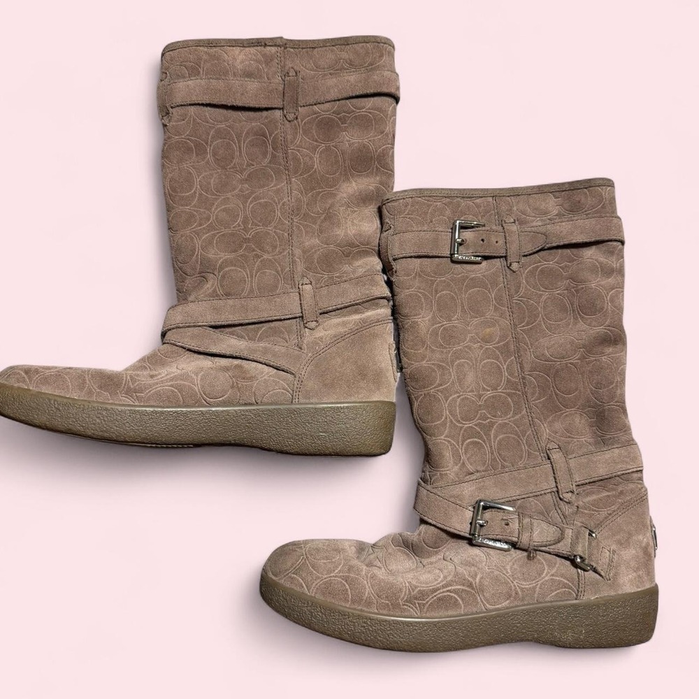 Coach Thelma Brown Suede Monogram Mid Calf Boots Silver Buckle A4671 Mens 8.5B